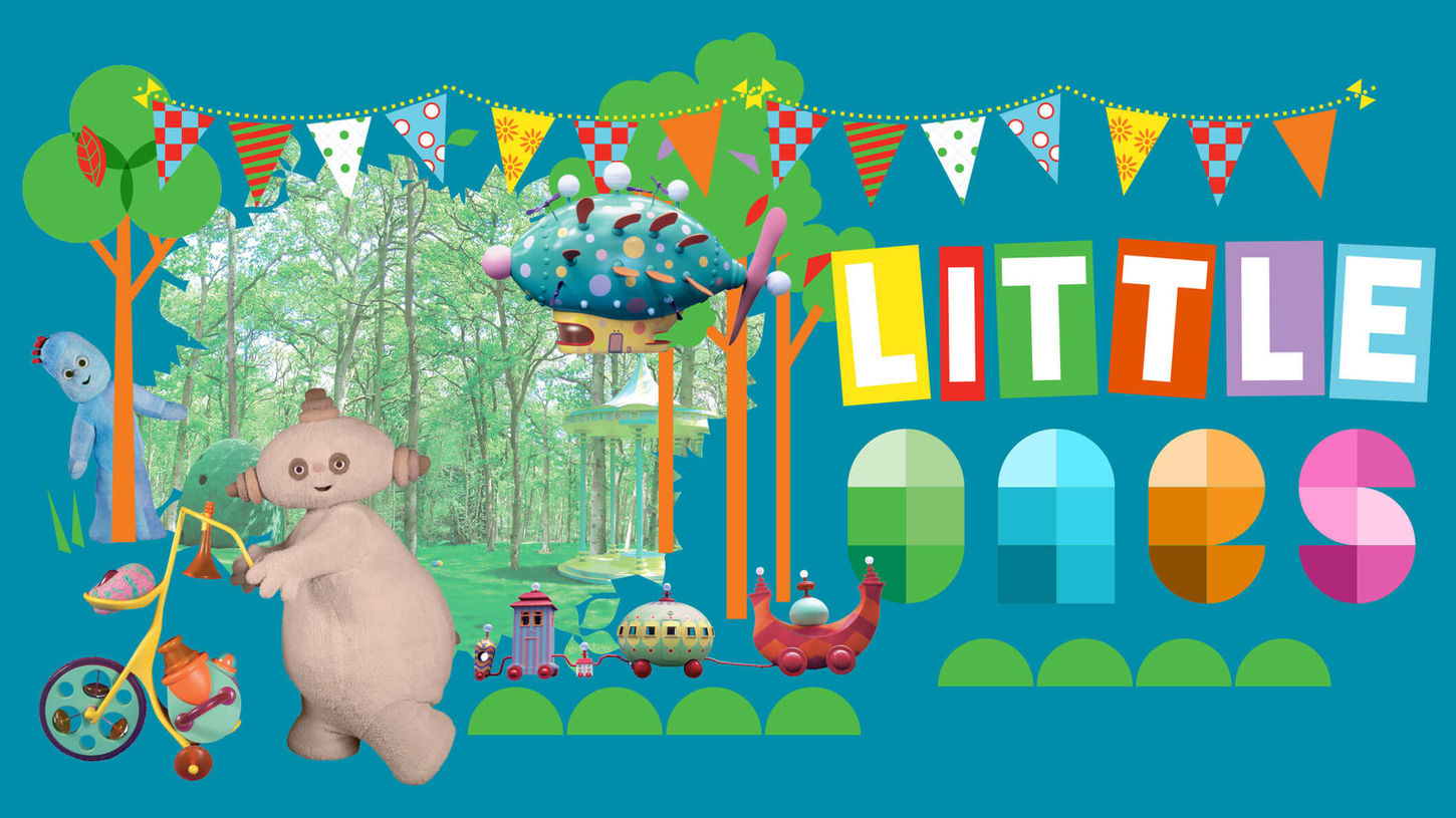 A round, beige character holding on to a tricycle in front of a green park and various characters in the background. On the right side is a Little Ones logo on a blue background.