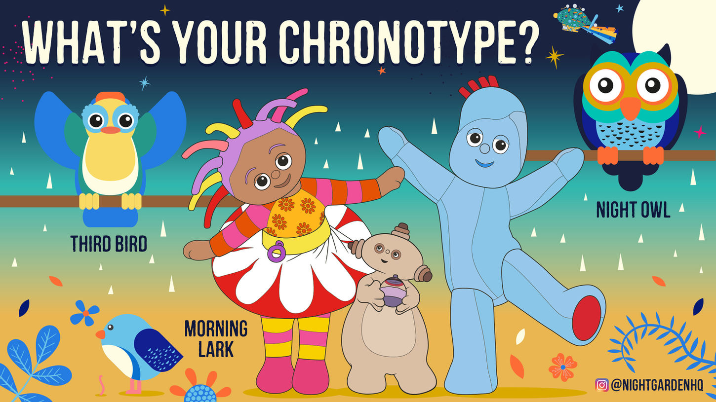 A bunch of happy character on a colourful background including a bird, an owl, a young girl and a blue character.