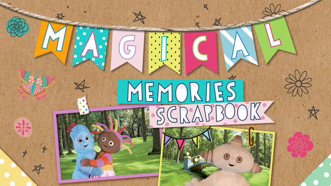 A brown bulletin board with two photographs of unique creatures in a park and a sign that reads Magical Memories Scrapbook.