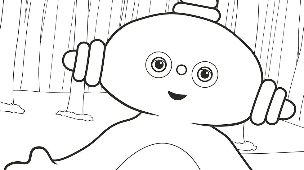 Black and white drawing of animated looking like a spaceman