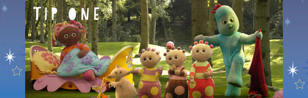 Tip One. Six characters in various shapes and sizes in a park with tall trees. A female character on the left is sitting up in a bed with the rest of the characters standing in the foreground.