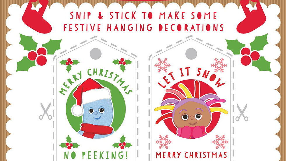 Square Christmas tree decorations with heading 'Snip & Stick to make some festive hanging decorations'