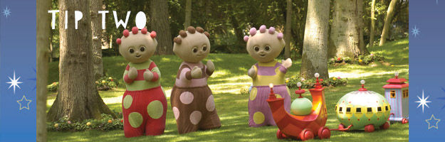 Tip Two. Three characters, wearing colourful costumes with polka dots, standing in a green park with a few toys on the ground.