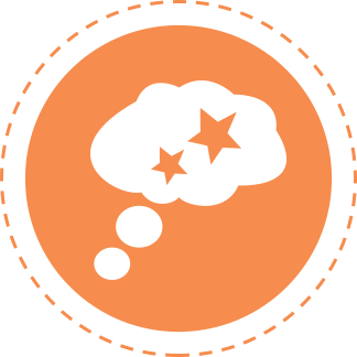 An orange circle with a white speech bubble inside of it.