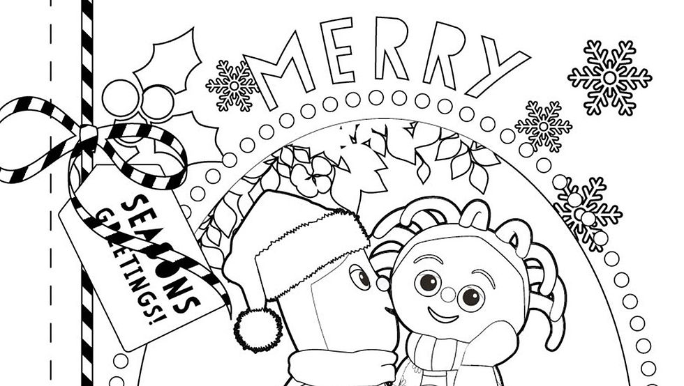 Black and white drawing of two animated characters with words 'Seasons Greetings' and 'Merry'