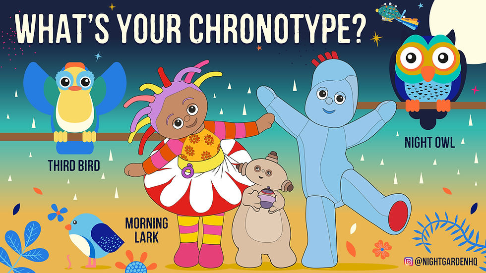 A bunch of happy character on a colourful background including a bird, an owl, a young girl and a blue character.