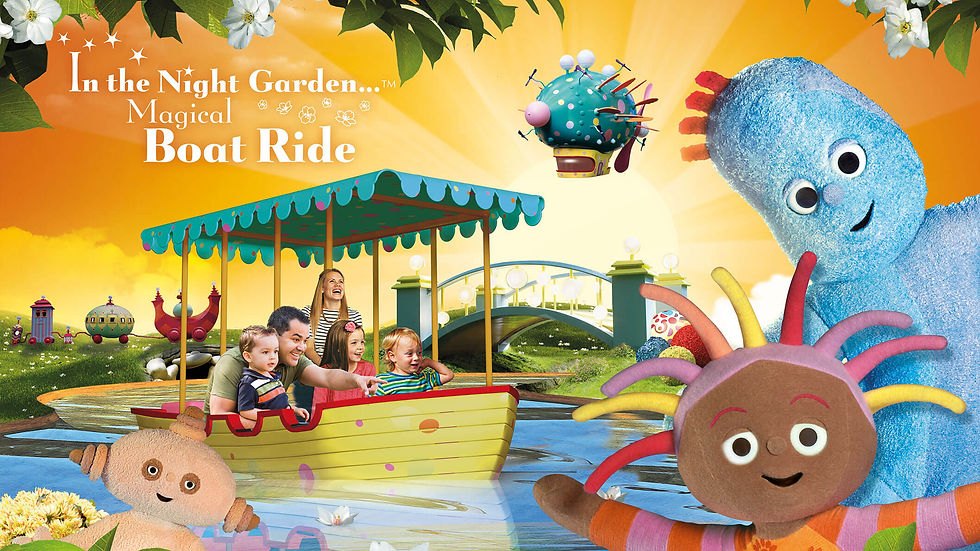 A very busy scene with a happy family of five sitting in a boat in the middle of a body of water. There is a bright orange sky in the background and a few characters popping out from each side.