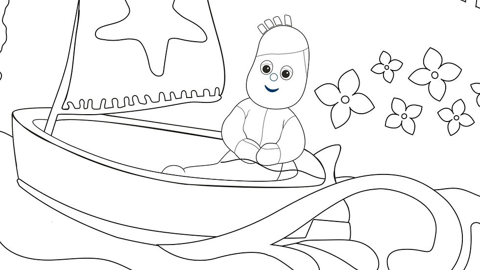 Black and white drawing of animated character sitting in a small sailboat