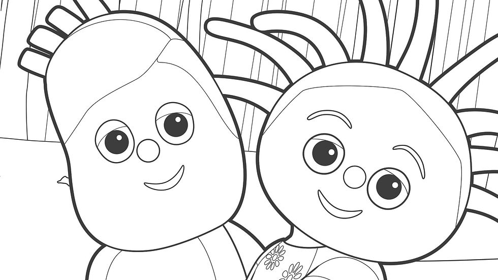 Black and white drawing of two animated smiling characters 