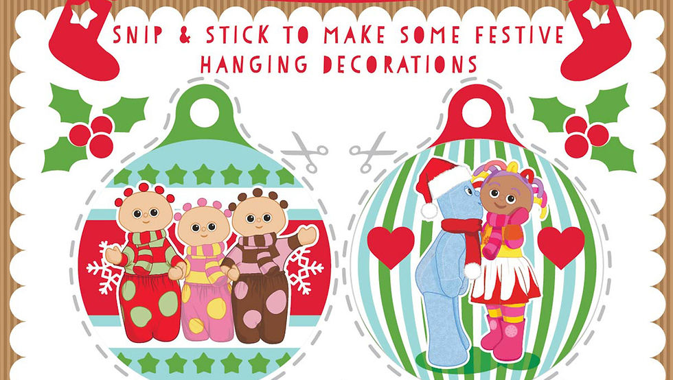 Round Christmas tree decorations with heading 'Snip & Stick to make some festive hanging decorations'