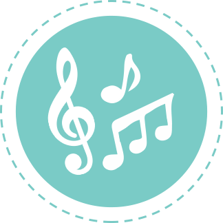 A turquoise circle with white musical notes.