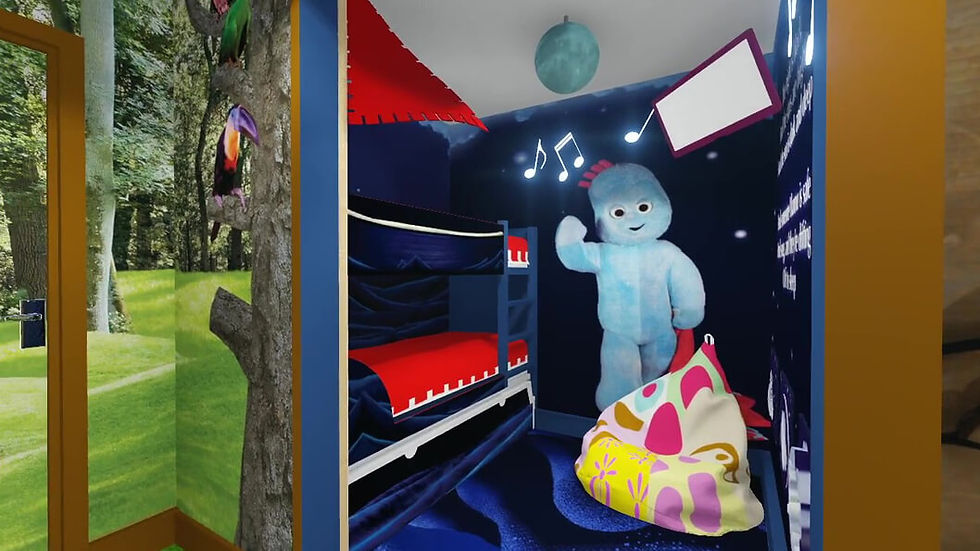 A kids' bedroom with dark blue walls and a bunk bed with red covers. There is a large illustration on the wall of a blue character holding a blanket.