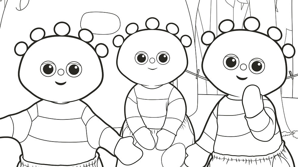 Black and white drawing of 3 animated characters sitting and smiling