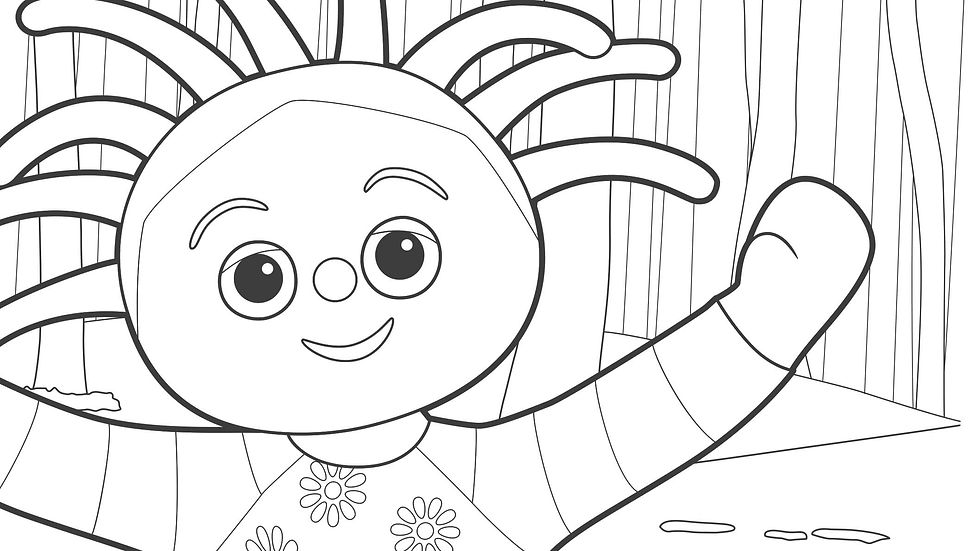 Black and white drawing of animated character with hands up in the air